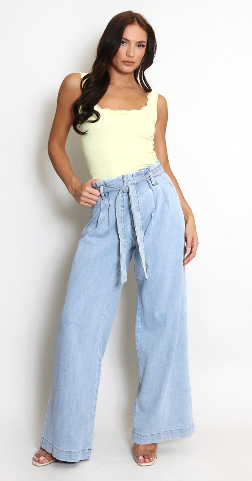 Mid Blue Pleated Paperbag Jeans