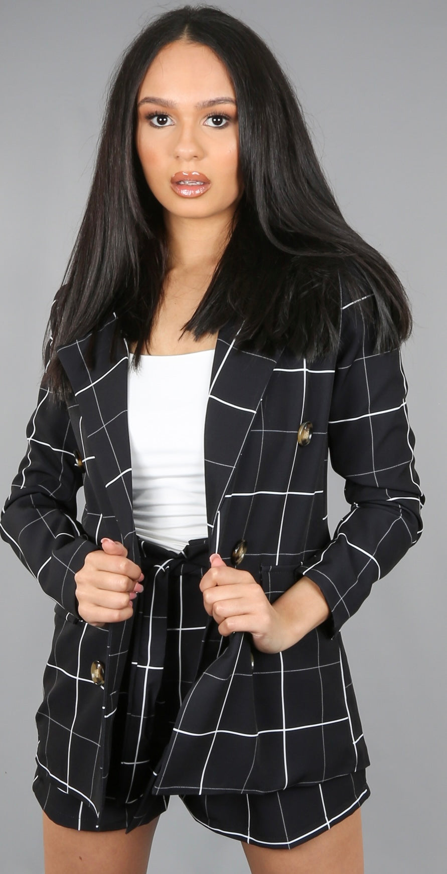 Check Print Tailored Belted Shorts Set