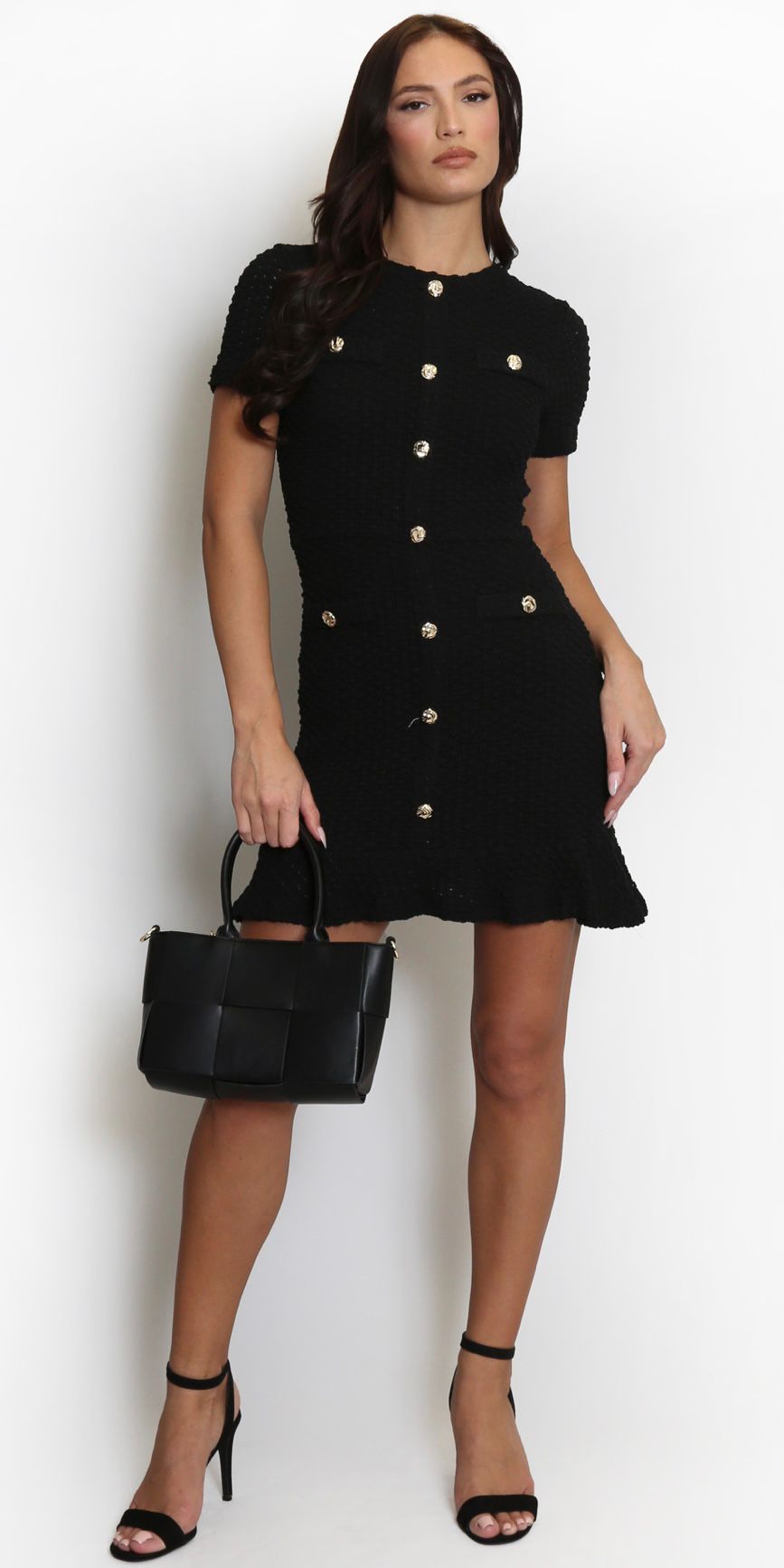 Textured Golden Buttons Ruffle Hem Dress